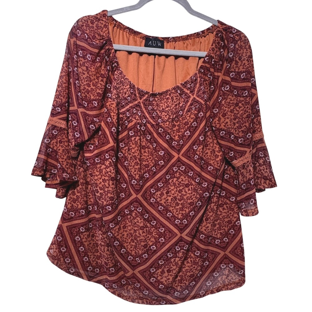 AUW Womens Rust Orange Geometric Floral Bell Sleeve Blouse Top Large